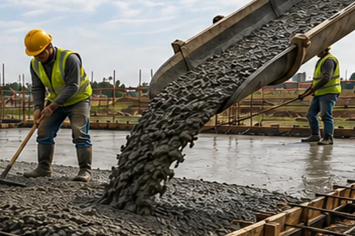 Close view of concrete placement during reinforced slab construction