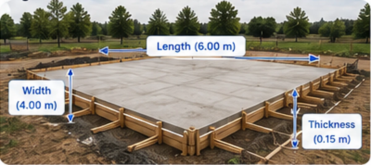 Concrete slab diagram showing length width and thickness measurements used to calculate concrete volume