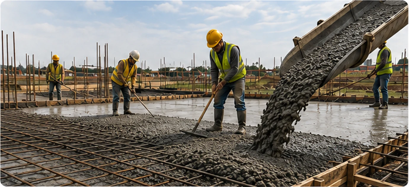 Workers placing fresh concrete over reinforcing steel for a concrete floor slab