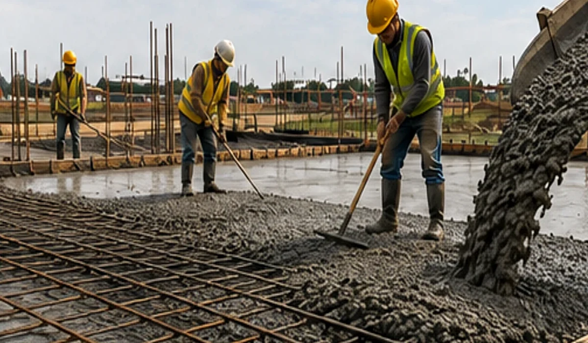 Concrete slab construction site with workers checking fresh concrete and reinforcing steel