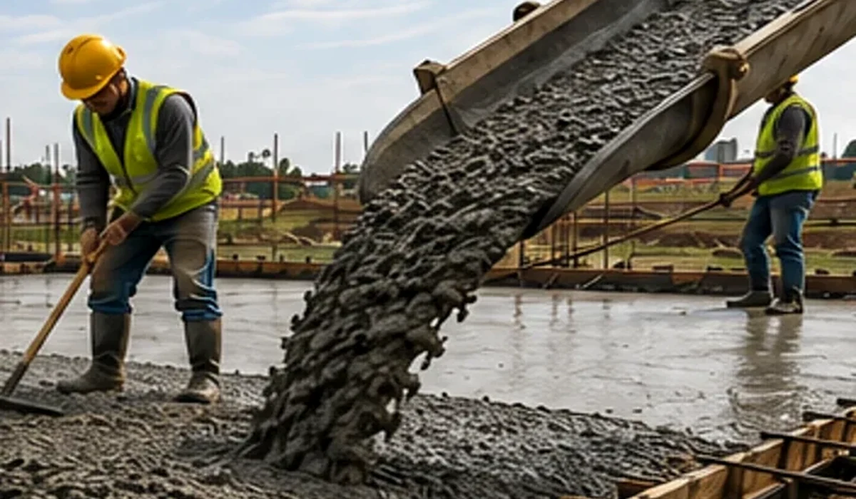 Fresh ready mixed concrete being placed on a reinforced construction element